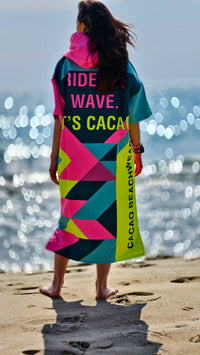 Colorful Solar Vibes women’s beach poncho NanoDry Ultra™ towel with hood, zipper and pockets – CACAO Beachwear™